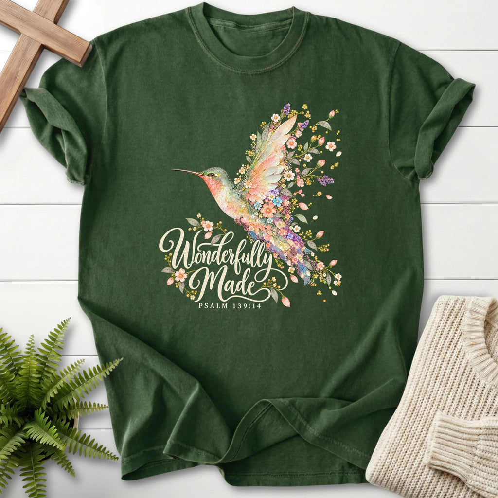 Hemp Wonderfully Made Hummingbird T-shirt flat lay mockup, Psalm 139:14 Christian apparel for women