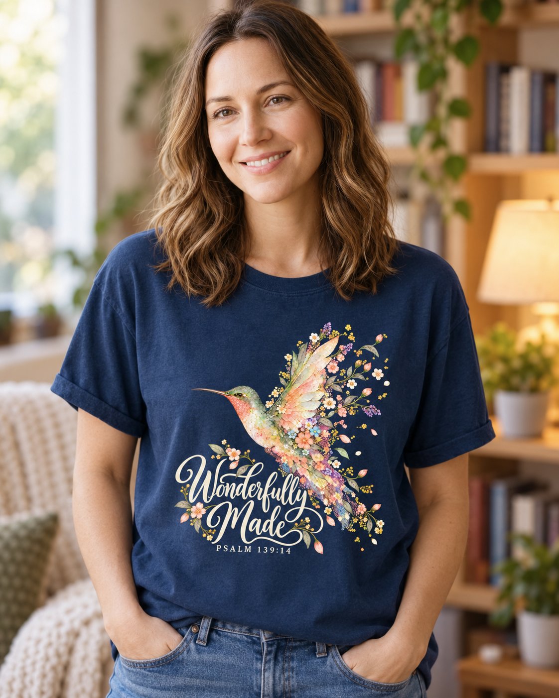 Wonderfully Made Hummingbird, Navy women's Christian tee, lifestyle photo in cozy reading nook, Floral watercolor hummingbird with Wonderfully Made script, She Wears Faith
