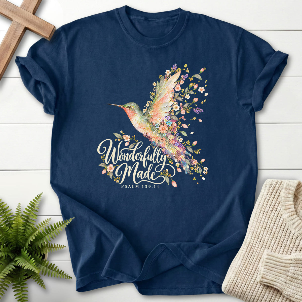 Navy Wonderfully Made Hummingbird T-shirt flat lay mockup, Psalm 139:14 Christian apparel for women