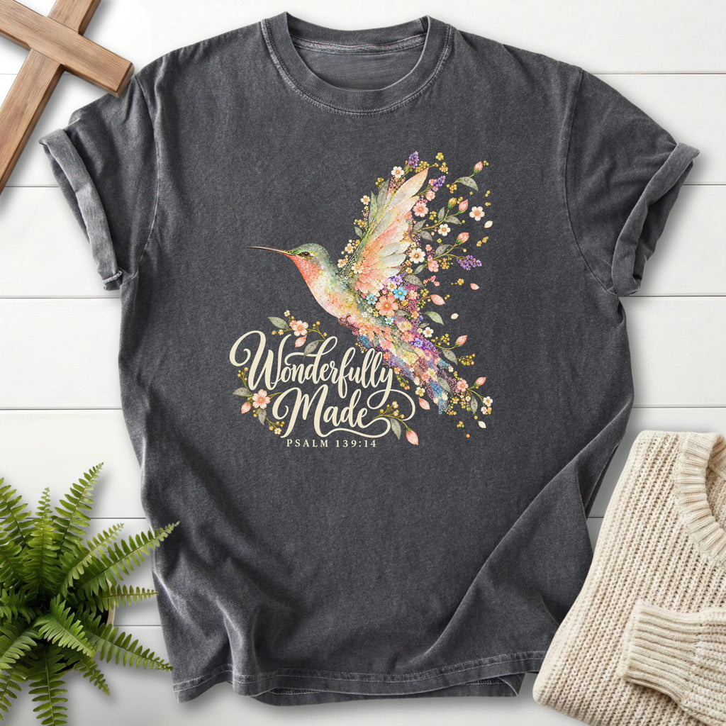 Pepper Wonderfully Made Hummingbird T-shirt flat lay mockup, Psalm 139:14 Christian apparel for women