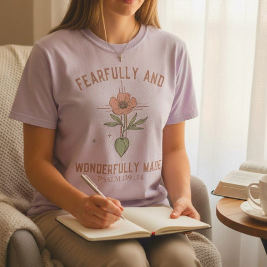 Woman journaling at home while wearing a Comfort Colors 1717 orchid “Fearfully and Wonderfully Made – Psalm 139:14” t-shirt. A peaceful, feminine piece from women’s scripture tees, perfect as a Christian mom gift idea.
