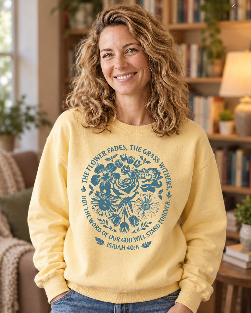 Word of God Stands Forever Isaiah 40:8 – Butter women's Christian sweatshirt, lifestyle photo in cozy reading nook – Blue floral wreath with the word of God stands forever – She Wears Faith
