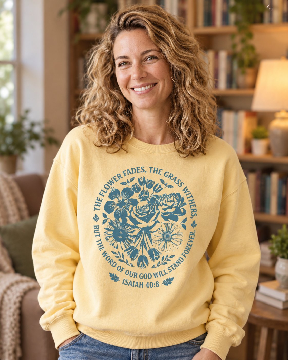 Word of God Stands Forever Isaiah 40:8 – Butter women's Christian sweatshirt, lifestyle photo in cozy reading nook – Blue floral wreath with the word of God stands forever – She Wears Faith
