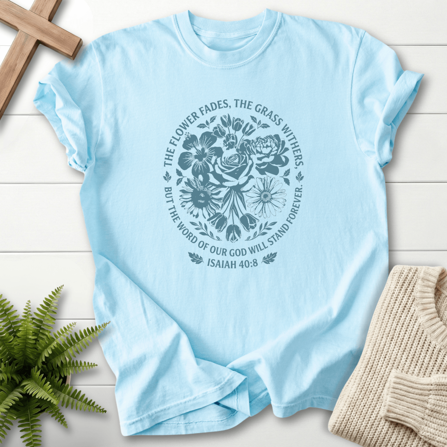Word of God Stand Forever Isaiah 40:8 T-Shirt in Chambray | She Wears Faith