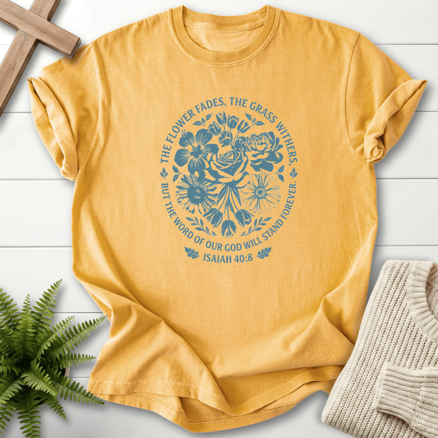 Word of God Stand Forever Isaiah 40:8 T-Shirt in Mustard | She Wears Faith