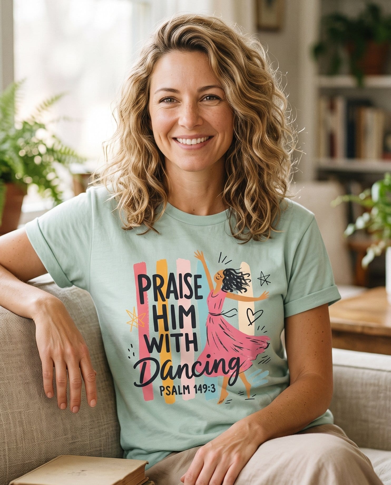 Worship Dance – Bay women's Christian tee, lifestyle photo in cozy living room – Illustrated woman twirling in a flowing pink dress against a colorful  – Psalm 149:3 – She Wears Faith