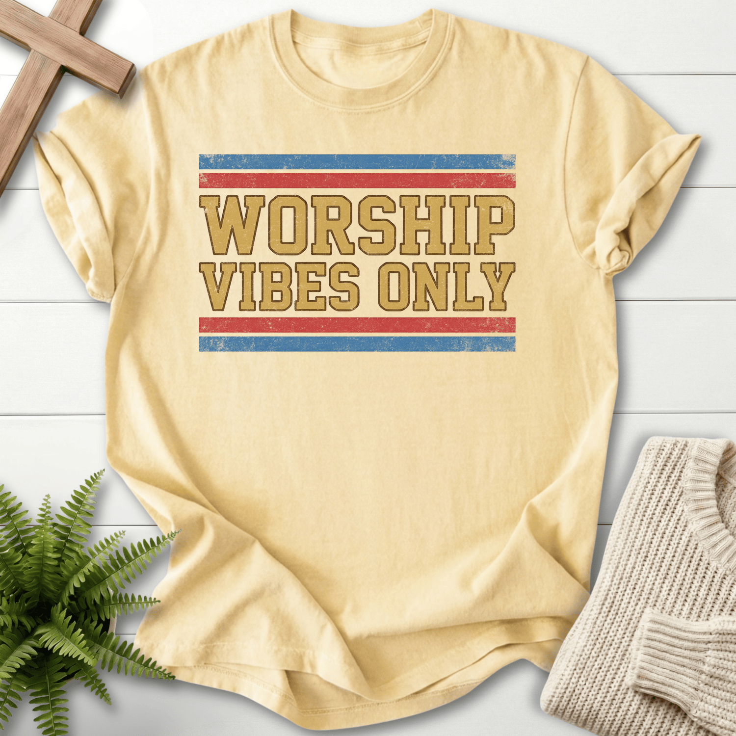 Banana Christian t-shirt for women with collegiate style gold lettering and red stripe accents.