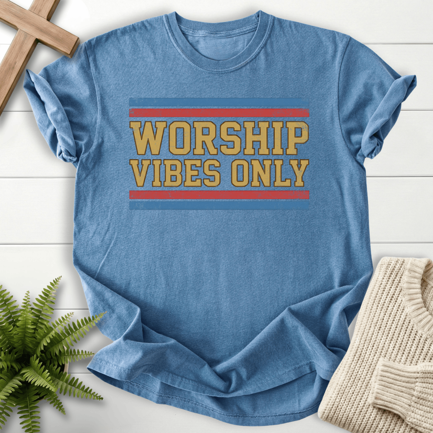 Blue Jean Christian t-shirt for women with vintage Worship Vibes Only collegiate lettering and red stripes.