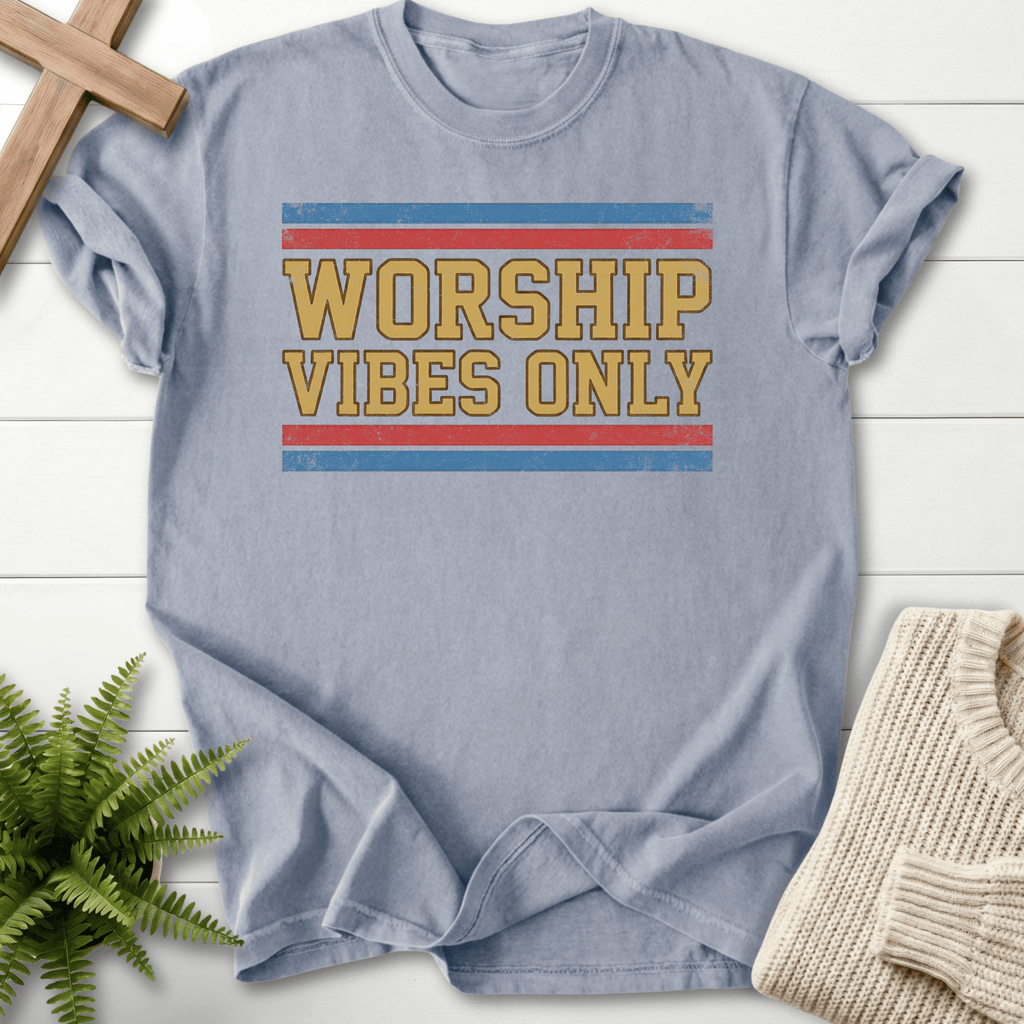 Granite Bible verse tee with retro Worship Vibes Only block lettering, Comfort Colors 1717.
