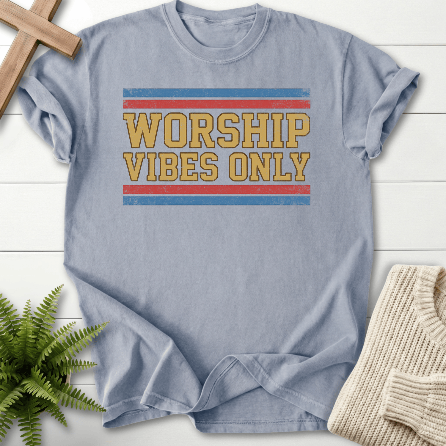 Granite Bible verse tee with retro Worship Vibes Only block lettering, Comfort Colors 1717.
