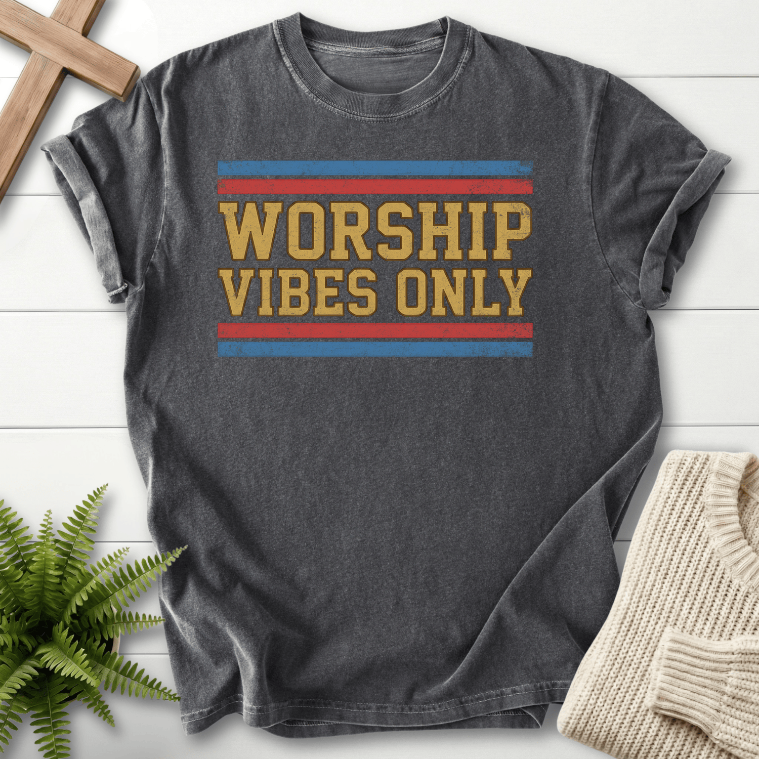 Pepper Christian t-shirt for women with a vintage collegiate design and stripe accents.