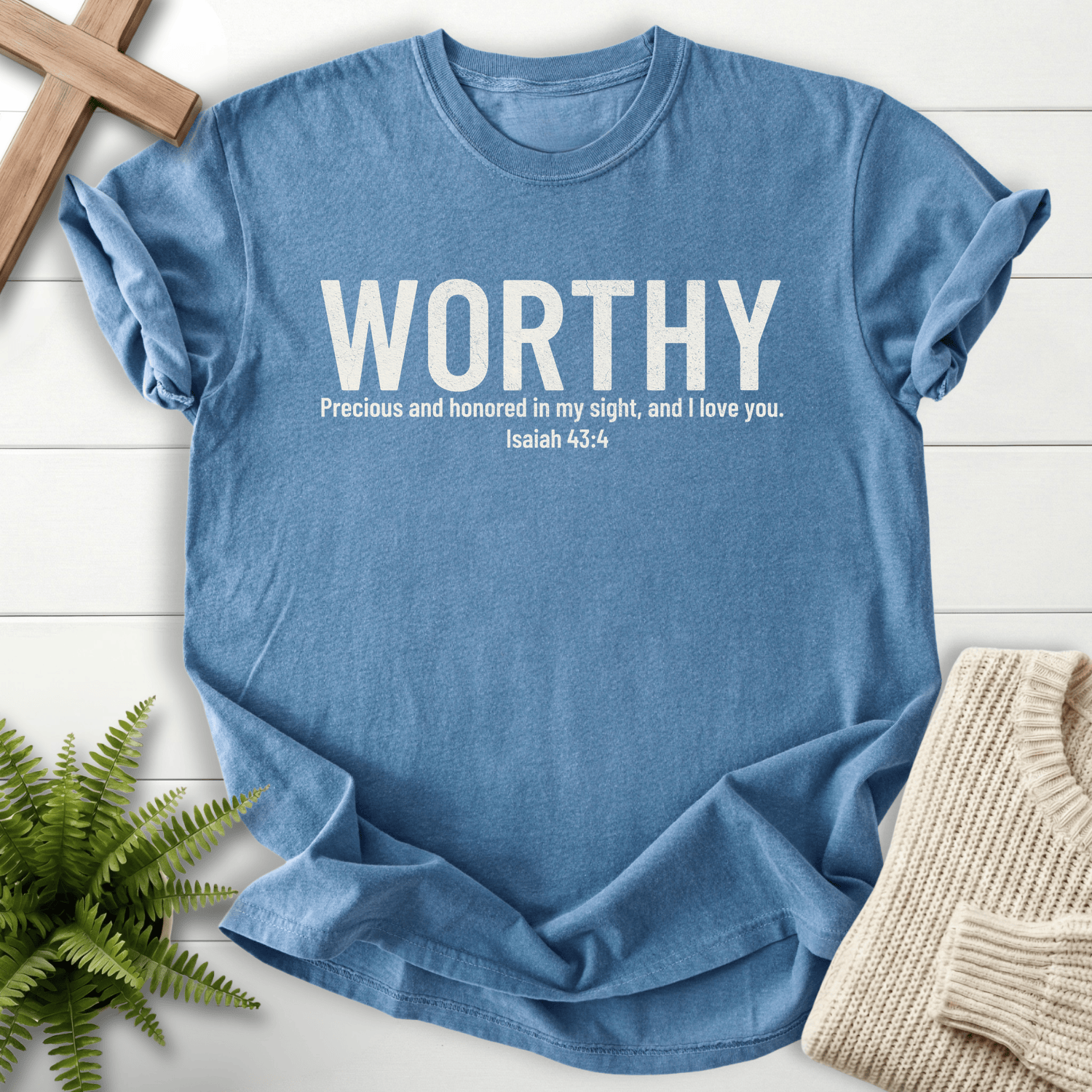 Blue Jean women's Christian t-shirt with WORTHY lettering, inspired by Isaiah 43:4.