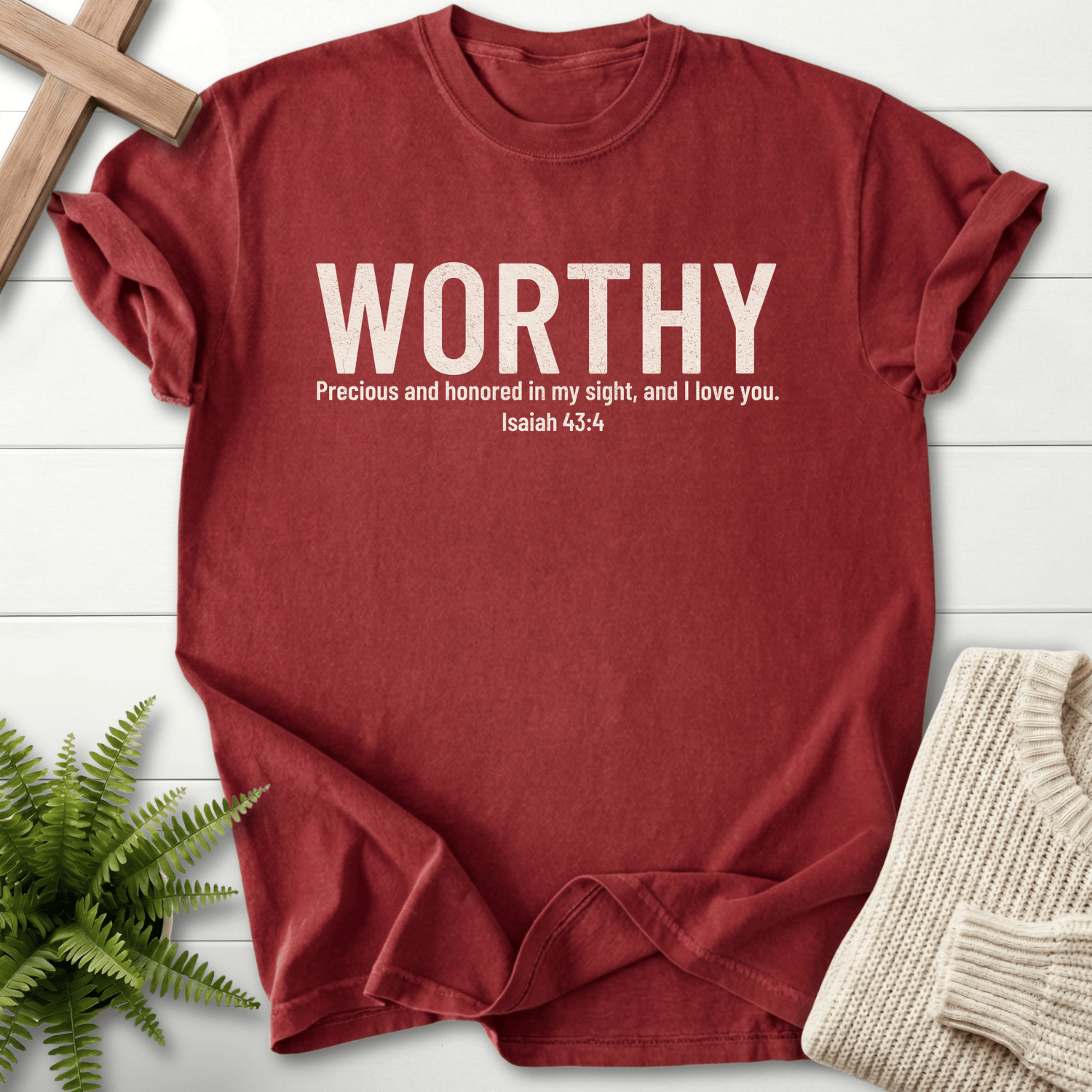 Brick women's Christian t-shirt with bold WORTHY grunge text, inspired by Isaiah 43:4.