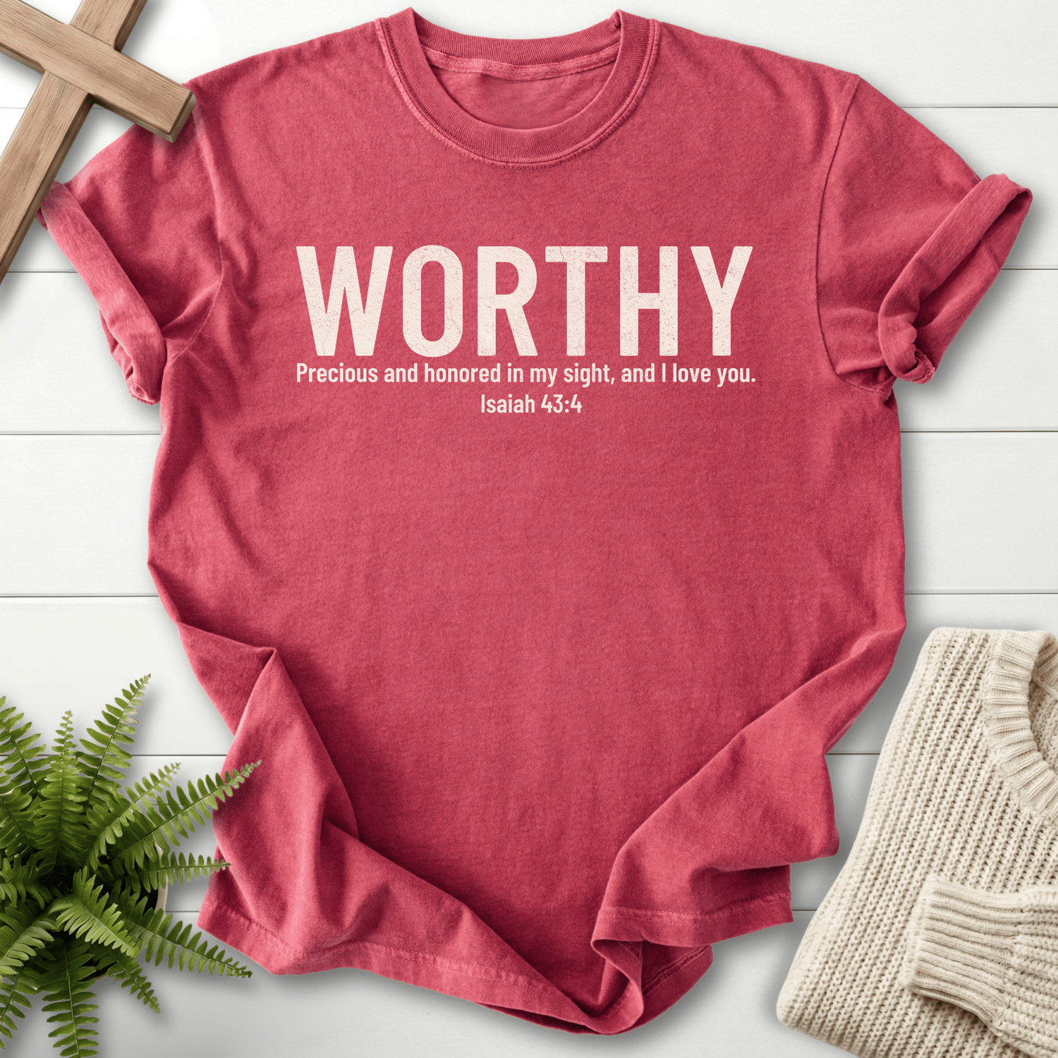 Crimson women's Scripture shirt with WORTHY in grunge block letters, inspired by Isaiah 43:4.