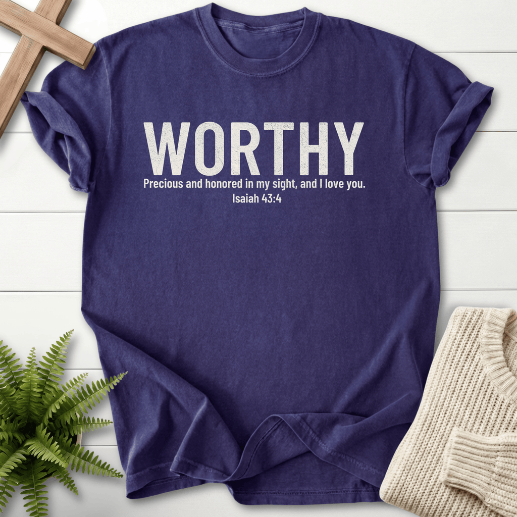 Grape women's Bible verse tee with grunge WORTHY text and strong typography, inspired by Isaiah 43:4.