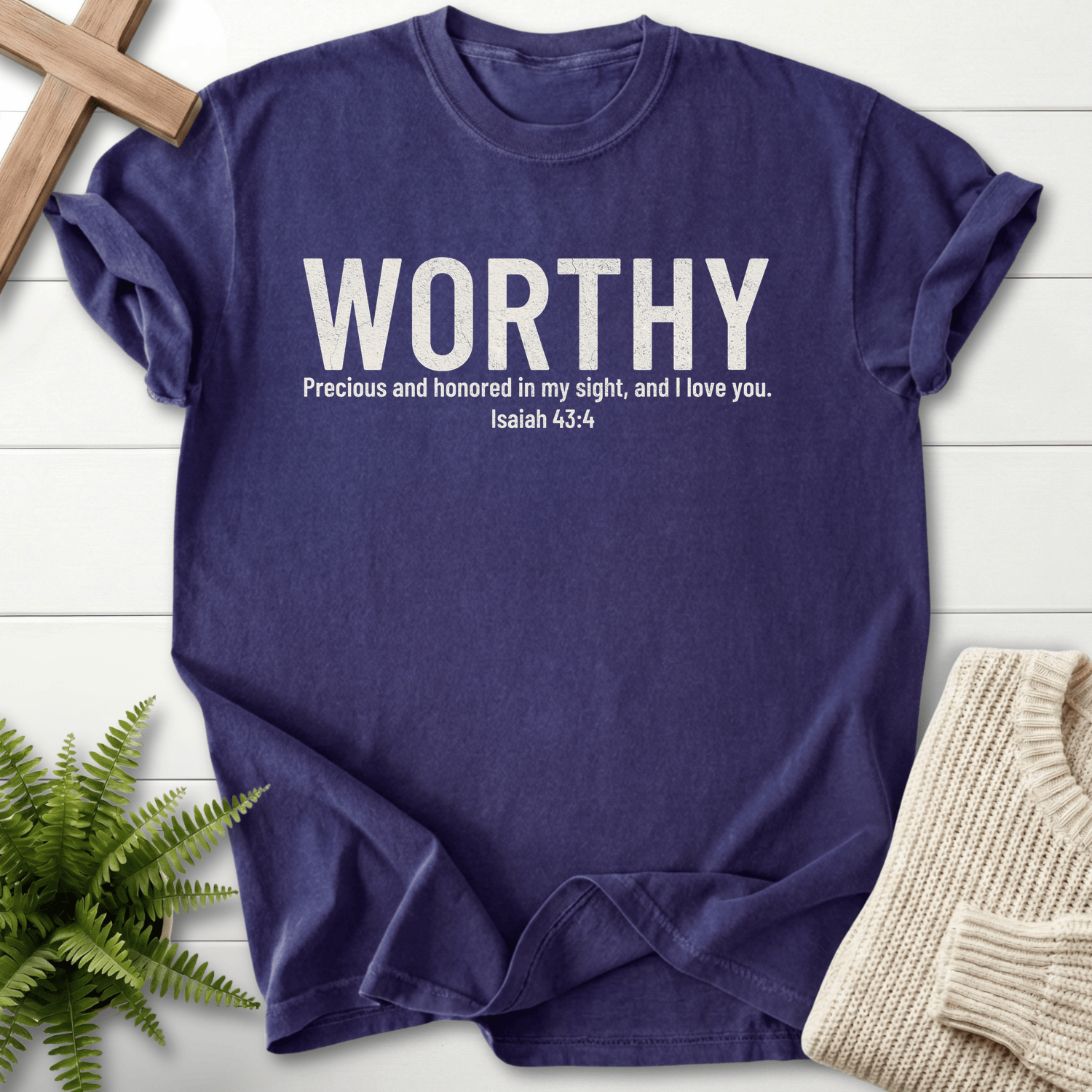 Grape women's Bible verse tee with grunge WORTHY text and strong typography, inspired by Isaiah 43:4.
