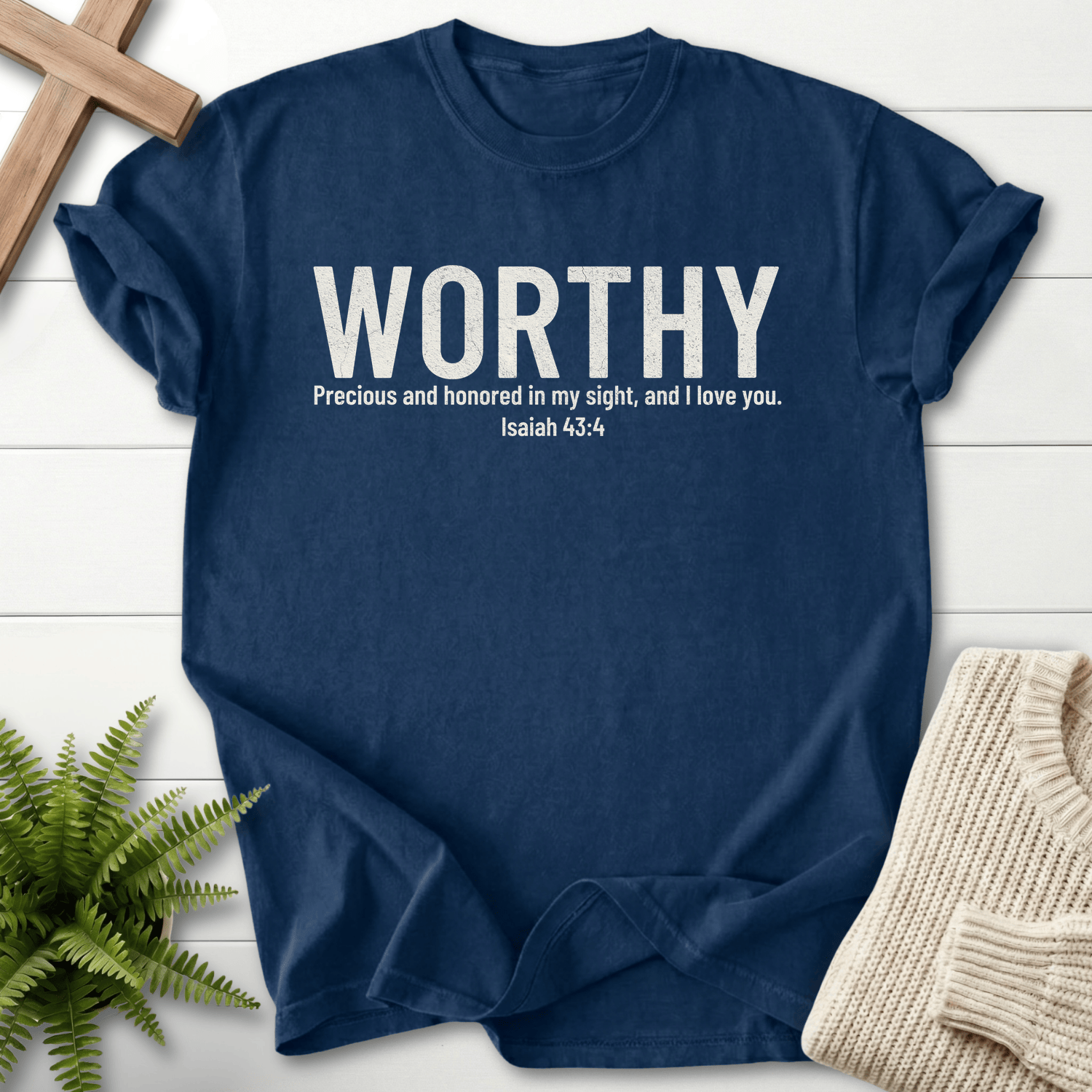 Navy women's Christian t-shirt with WORTHY text and the words "Precious and honored," inspired by Isaiah 43:4.