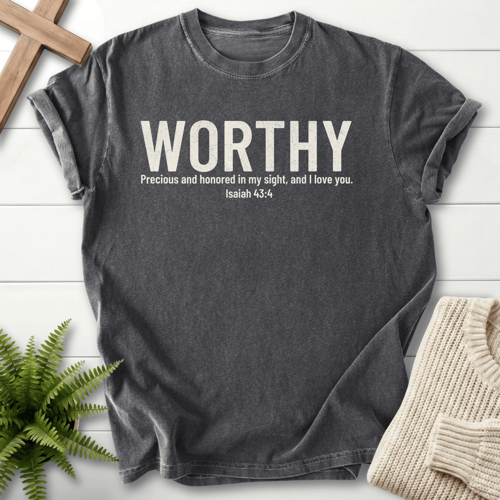 Pepper grey women's Bible verse tee with bold WORTHY text, inspired by Isaiah 43:4.