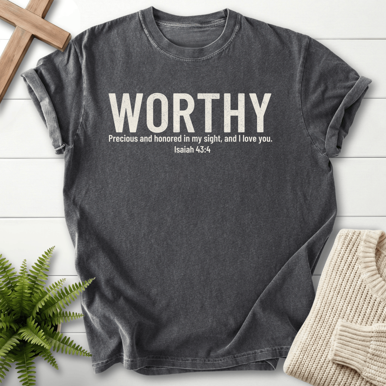 Pepper grey women's Bible verse tee with bold WORTHY text, inspired by Isaiah 43:4.