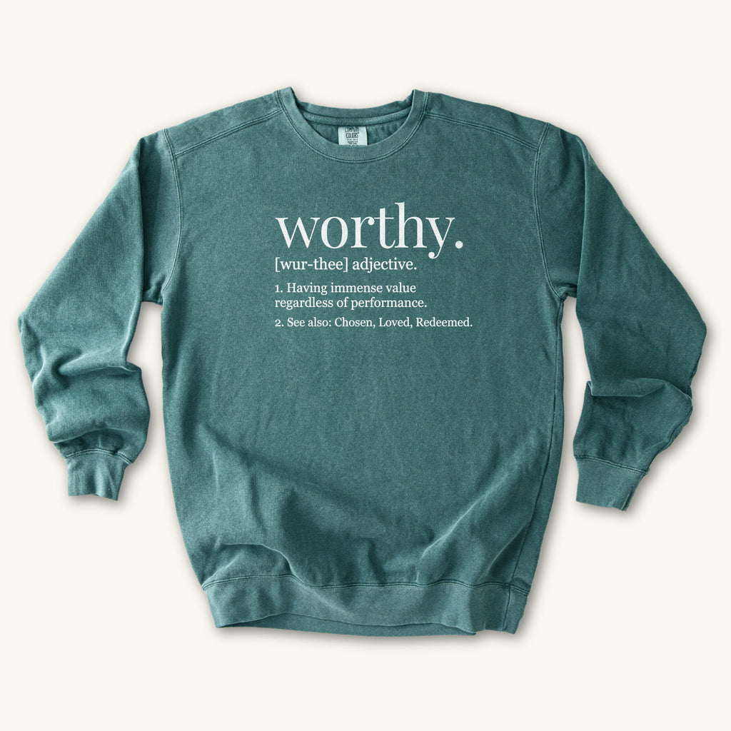 Blue Spruce Worthy Definition sweatshirt flat lay mockup, Christian apparel for women