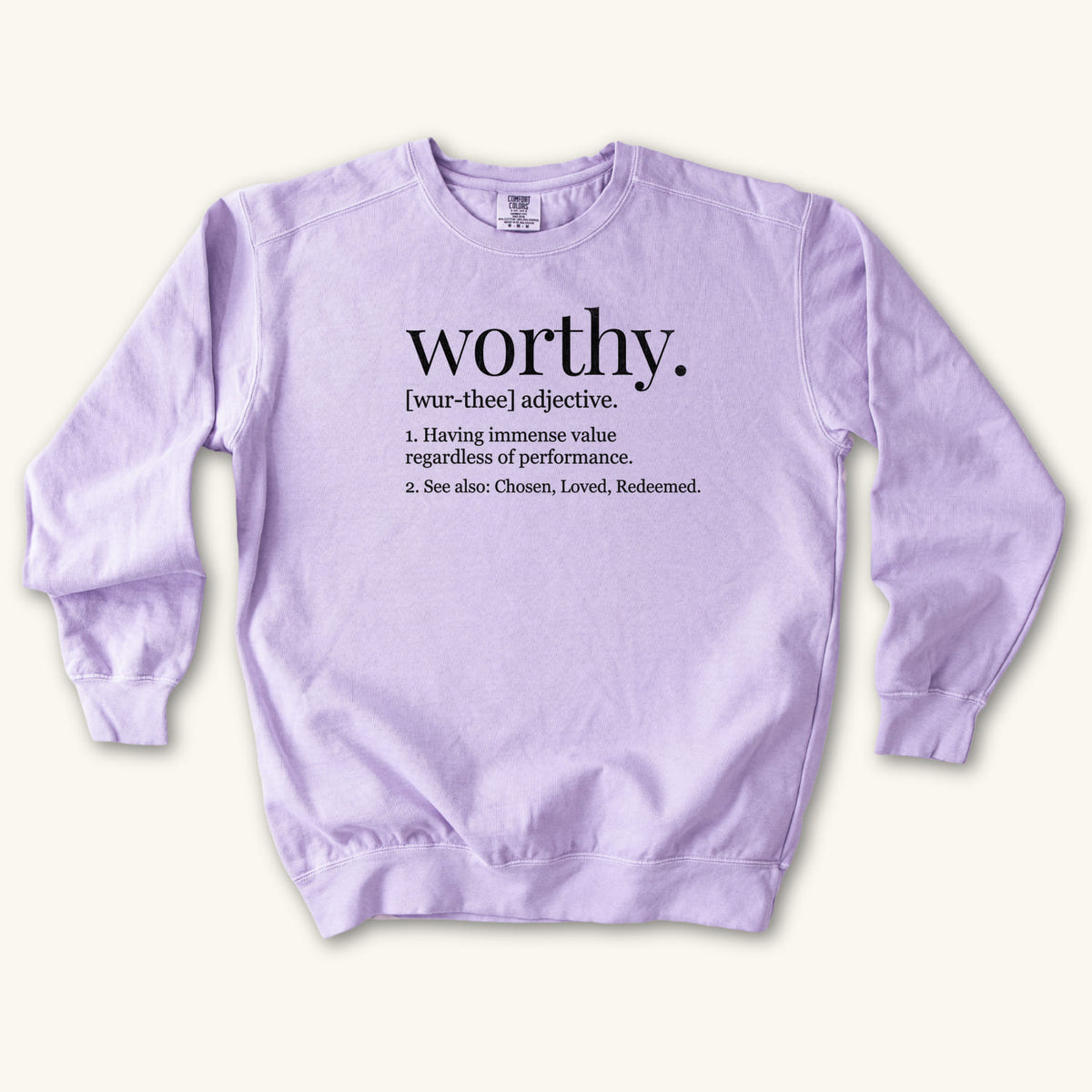 Orchid Worthy Definition sweatshirt flat lay mockup, Christian apparel for women