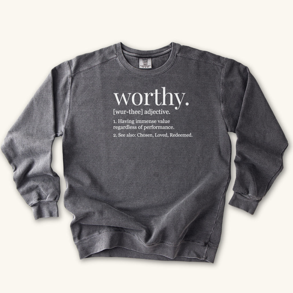 Pepper Worthy Definition sweatshirt flat lay mockup, Christian apparel for women