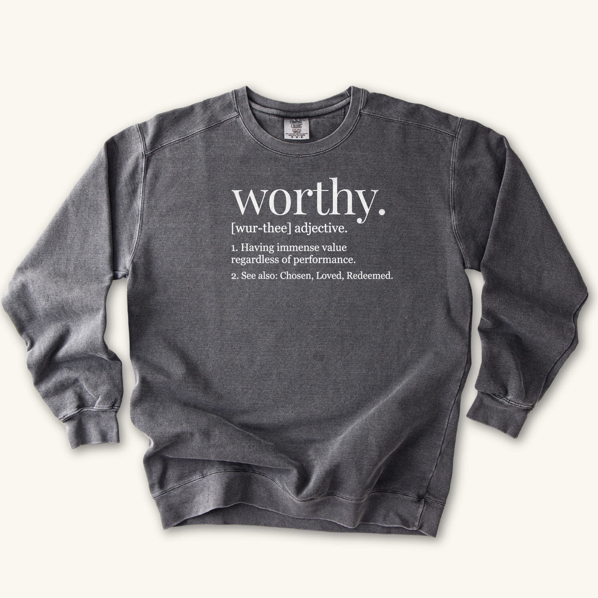 Pepper Worthy Definition sweatshirt flat lay mockup, Christian apparel for women