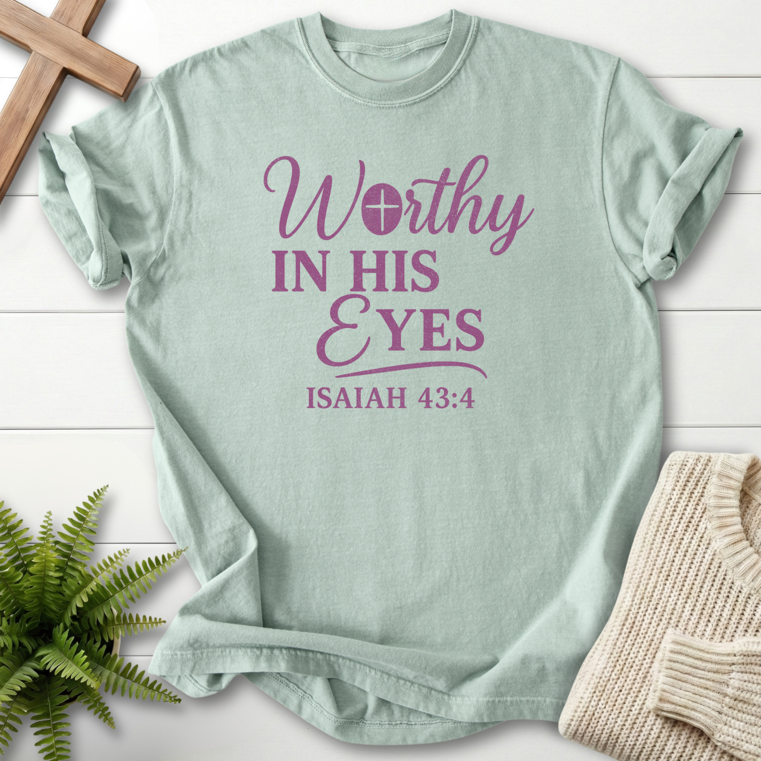 Bay Christian t-shirt for women with Worthy in His Eyes text and a cross accent, inspired by Isaiah 43:4.