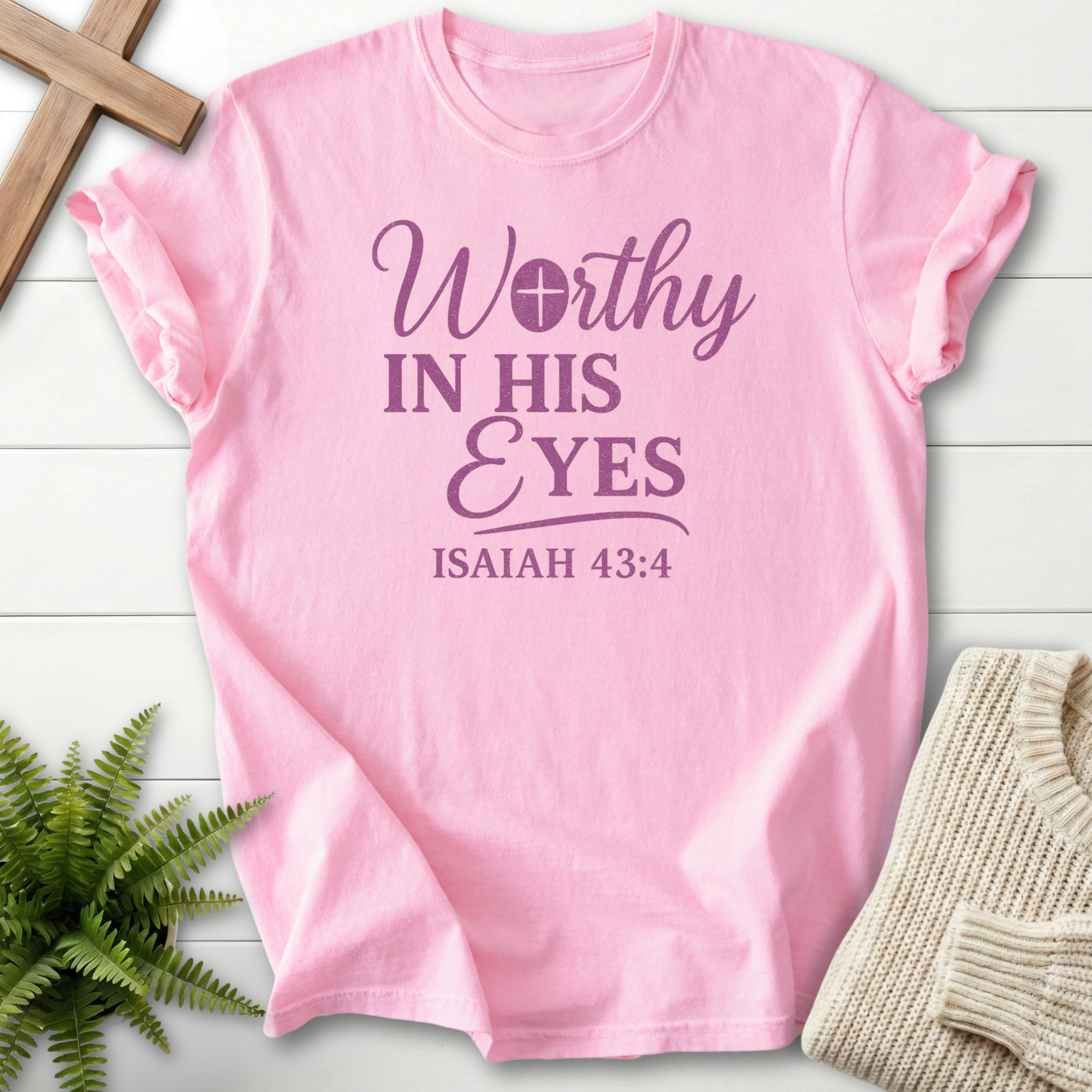 Blossom Christian t-shirt for women with a Worthy in His Eyes cross motif, inspired by Isaiah 43:4.
