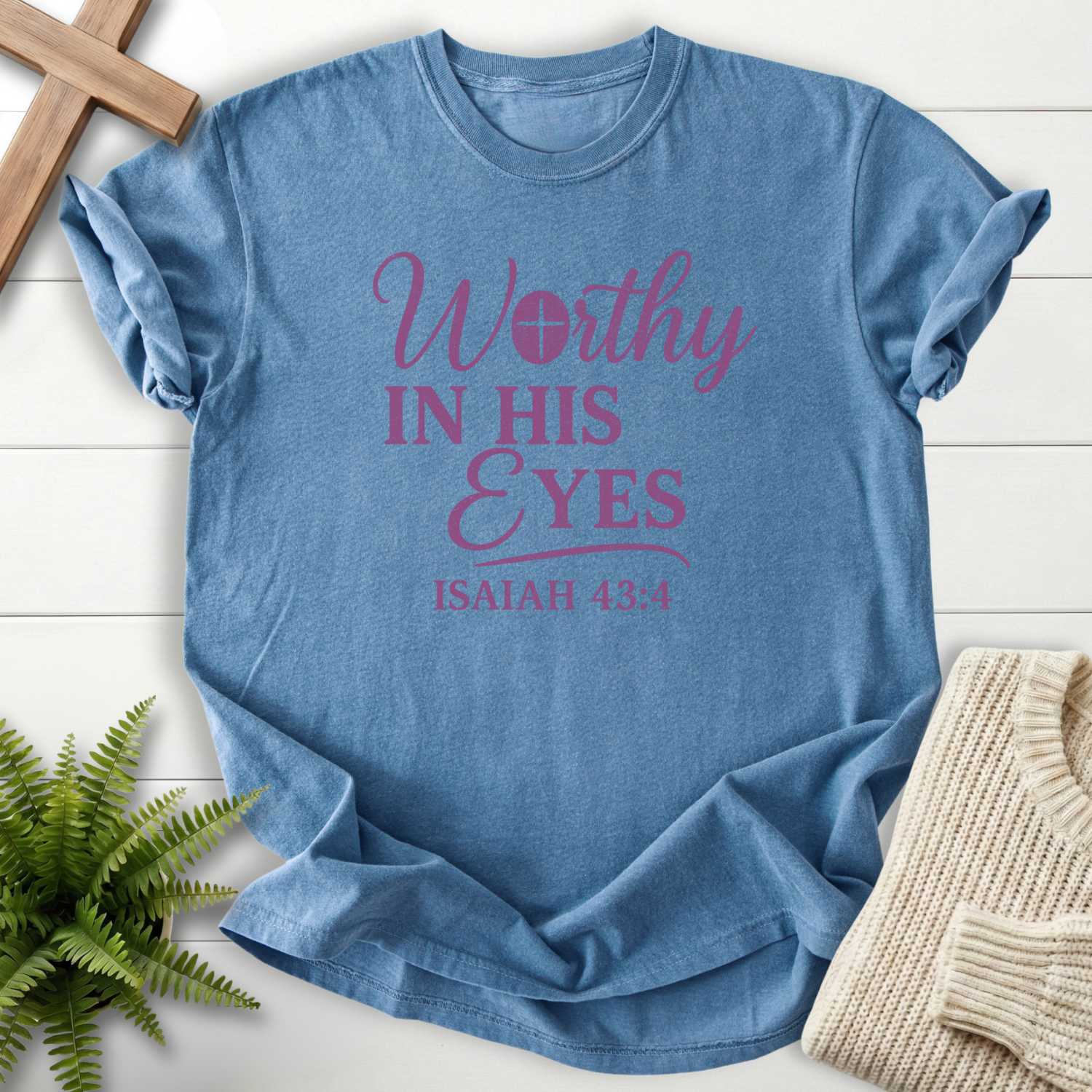 Blue Jean Bible verse tee with purple Worthy in His Eyes script, Comfort Colors 1717, inspired by Isaiah 43:4.
