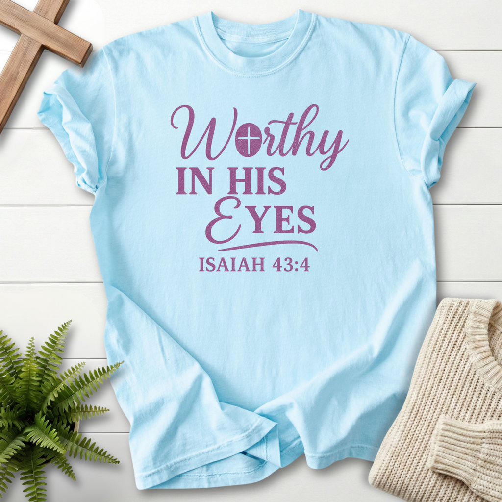 Chambray Christian t-shirt for women with purple Worthy in His Eyes lettering, inspired by Isaiah 43:4.