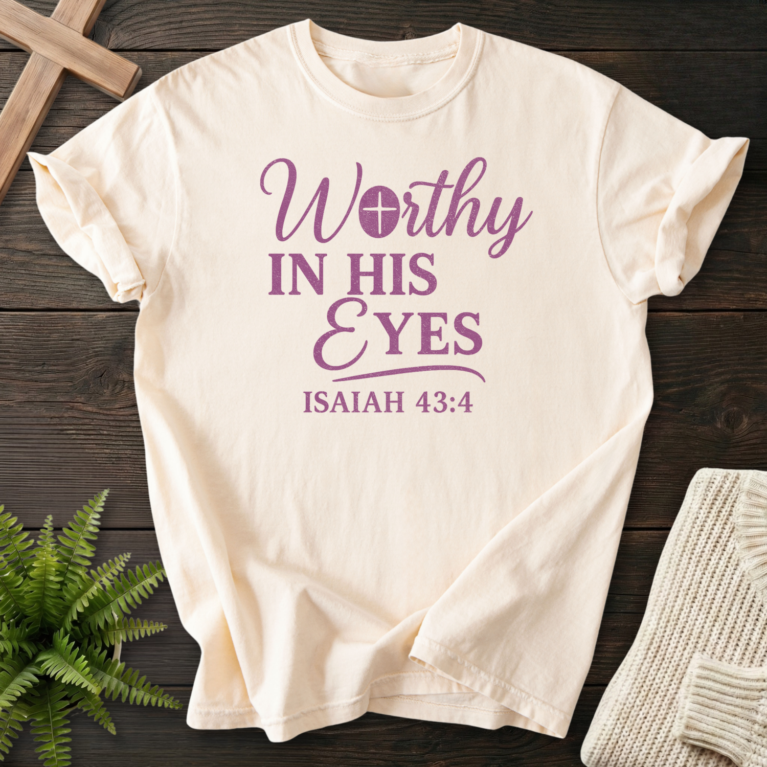 Ivory Christian t-shirt for women with purple Worthy in His Eyes script and a cross, inspired by Isaiah 43:4.