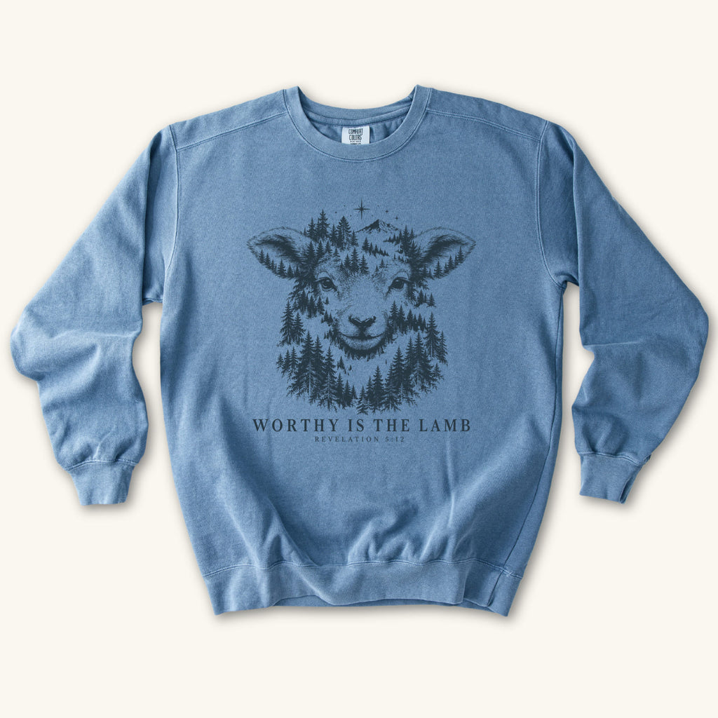 Blue Jean Worthy Is the Lamb sweatshirt flat lay mockup, Revelation 5:12 Christian apparel for women