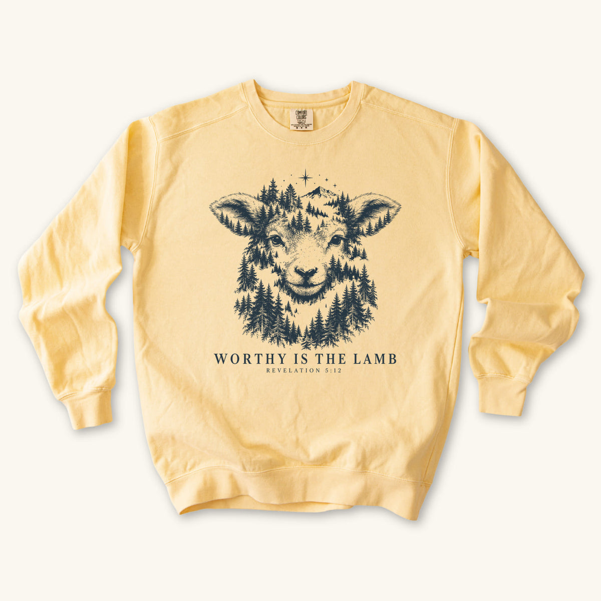 Butter Worthy Is the Lamb sweatshirt flat lay mockup, Revelation 5:12 Christian apparel for women