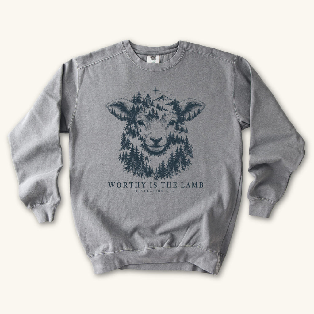 Grey Worthy Is the Lamb sweatshirt flat lay mockup, Revelation 5:12 Christian apparel for women