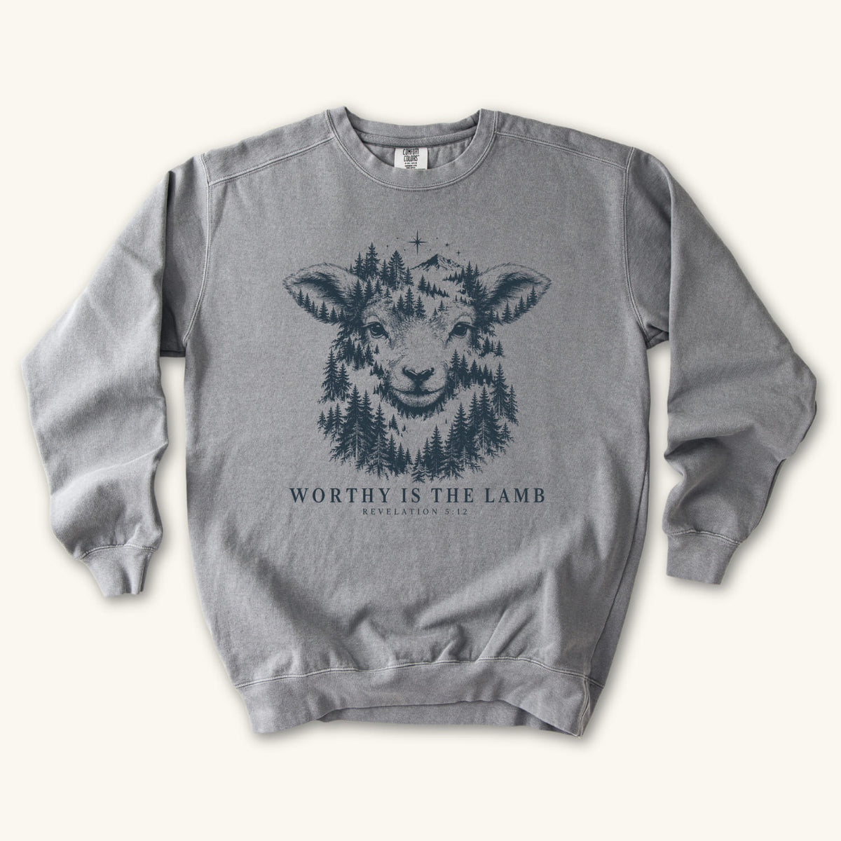 Grey Worthy Is the Lamb sweatshirt flat lay mockup, Revelation 5:12 Christian apparel for women