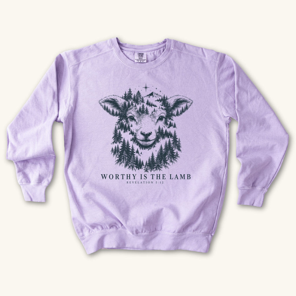 Orchid Worthy Is the Lamb sweatshirt flat lay mockup, Revelation 5:12 Christian apparel for women
