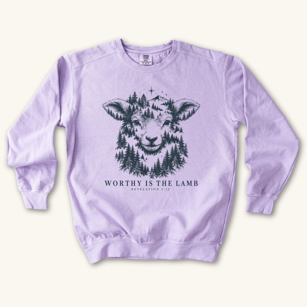 Orchid Worthy Is the Lamb sweatshirt flat lay mockup, Revelation 5:12 Christian apparel for women