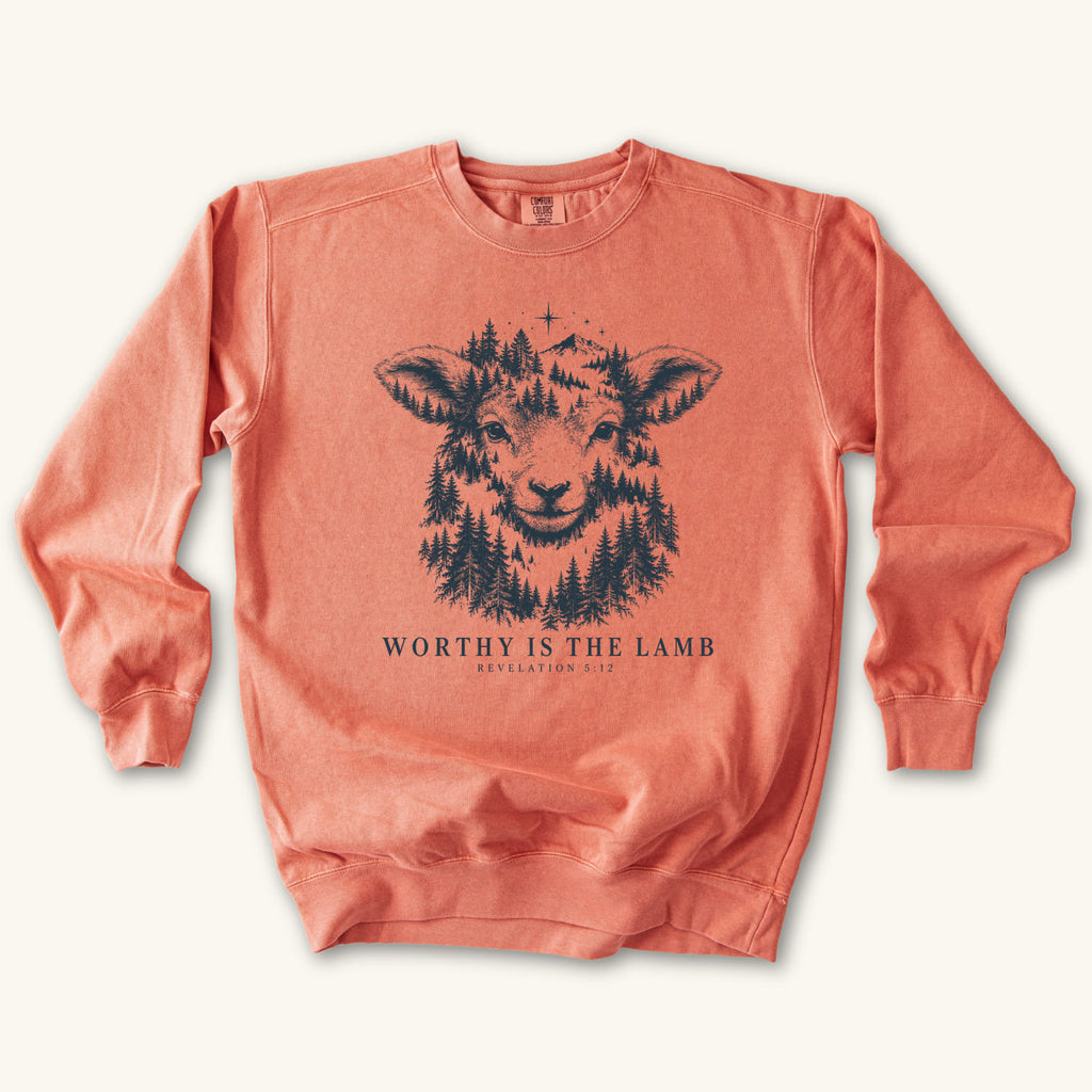 Terracotta Worthy Is the Lamb sweatshirt flat lay mockup, Revelation 5:12 Christian apparel for women