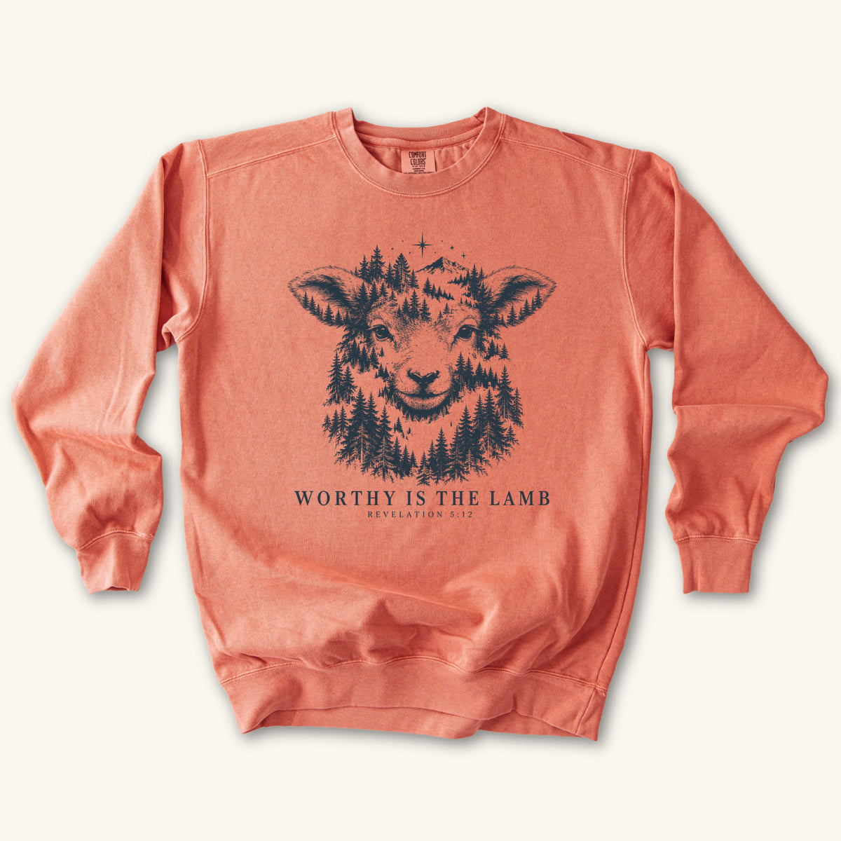 Terracotta Worthy Is the Lamb sweatshirt flat lay mockup, Revelation 5:12 Christian apparel for women