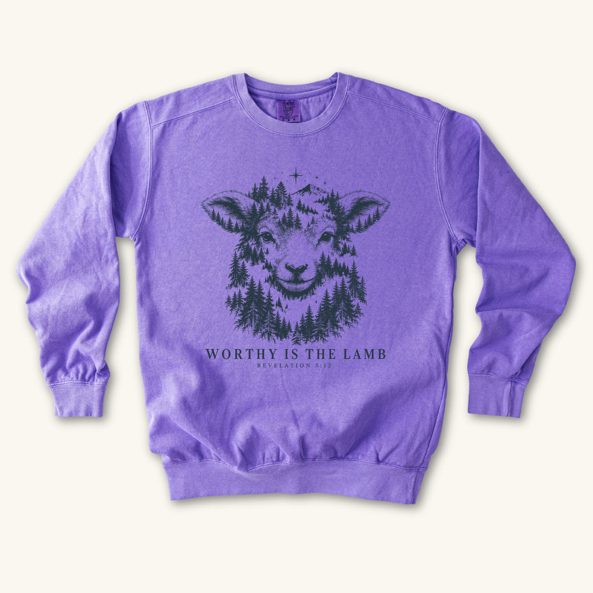 Violet Worthy Is the Lamb sweatshirt flat lay mockup, Revelation 5:12 Christian apparel for women