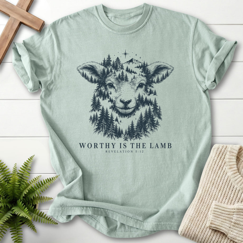 Bay Worthy Is the Lamb T-shirt flat lay mockup, Revelation 5:12 Christian apparel for women