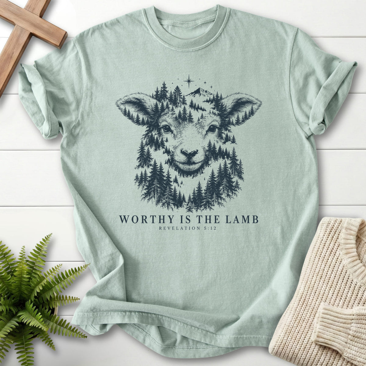 Bay Worthy Is the Lamb T-shirt flat lay mockup, Revelation 5:12 Christian apparel for women