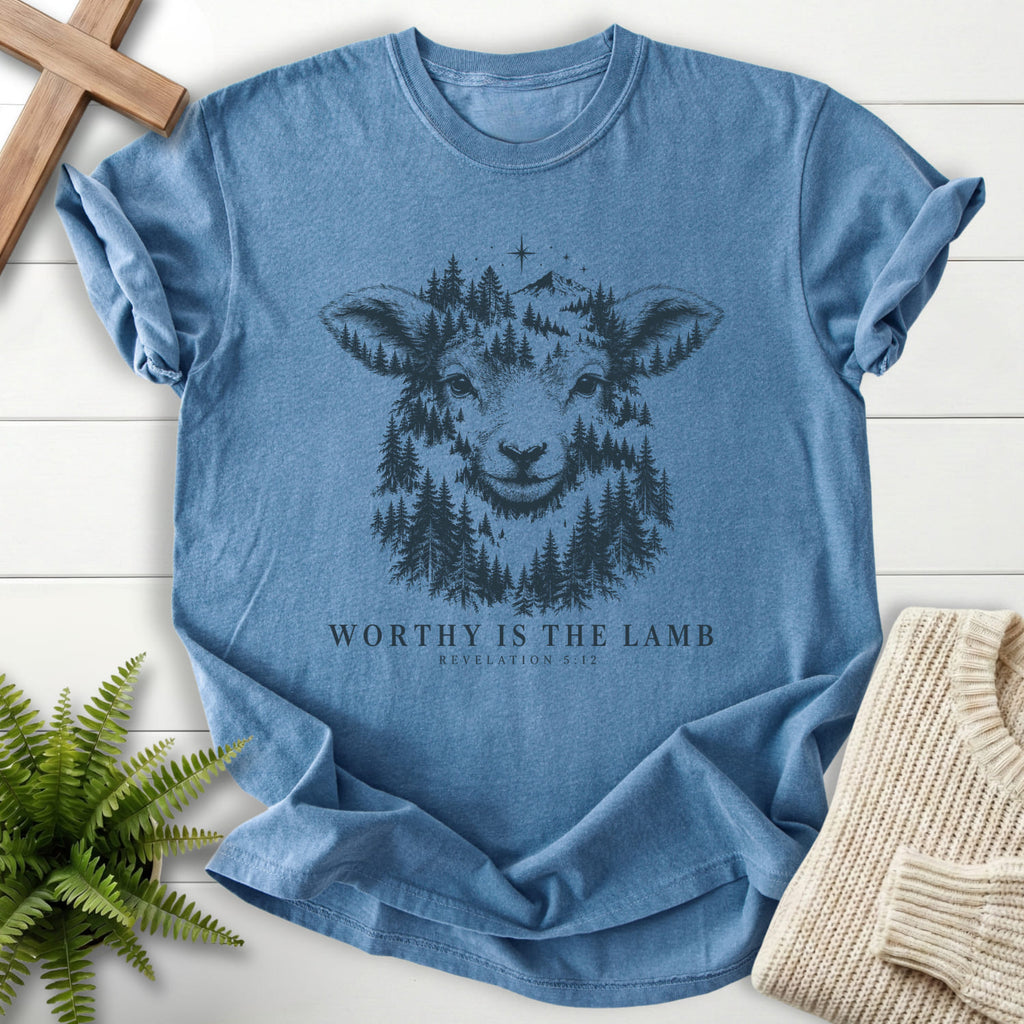 Blue Jean Worthy Is the Lamb T-shirt flat lay mockup, Revelation 5:12 Christian apparel for women