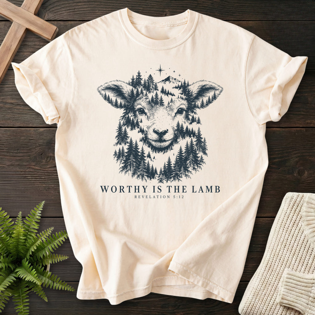 Ivory Worthy Is the Lamb T-shirt flat lay mockup, Revelation 5:12 Christian apparel for women