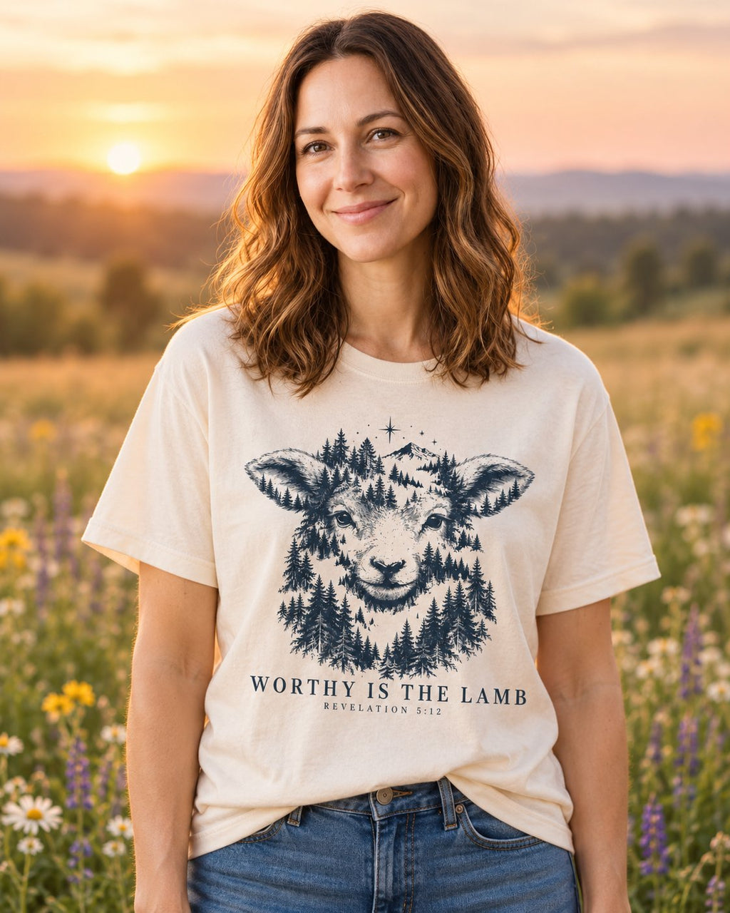 Worthy Is the Lamb, Ivory women's Christian tee, lifestyle photo in wildflower meadow, lamb face filled with a pine forest and WORTHY IS THE LAMB, Revelation 5:12, She Wears Faith