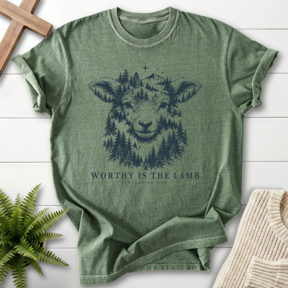 Moss Worthy Is the Lamb T-shirt flat lay mockup, Revelation 5:12 Christian apparel for women