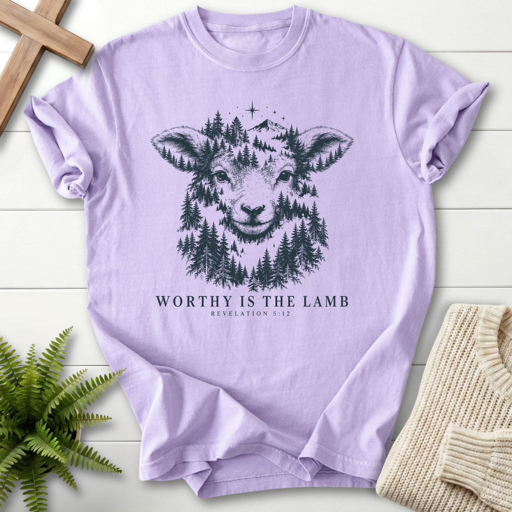 Orchid Worthy Is the Lamb T-shirt flat lay mockup, Revelation 5:12 Christian apparel for women