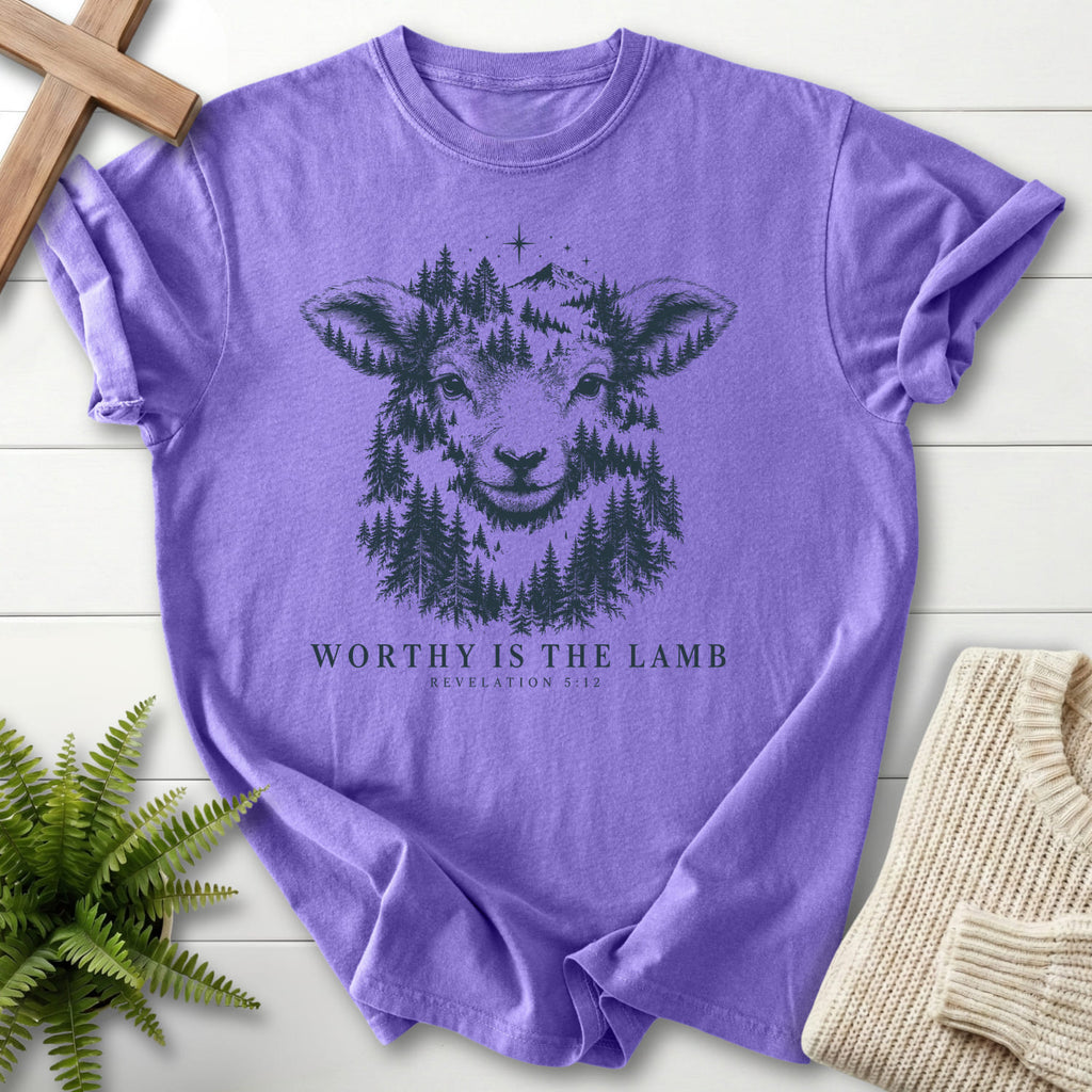 Violet Worthy Is the Lamb T-shirt flat lay mockup, Revelation 5:12 Christian apparel for women