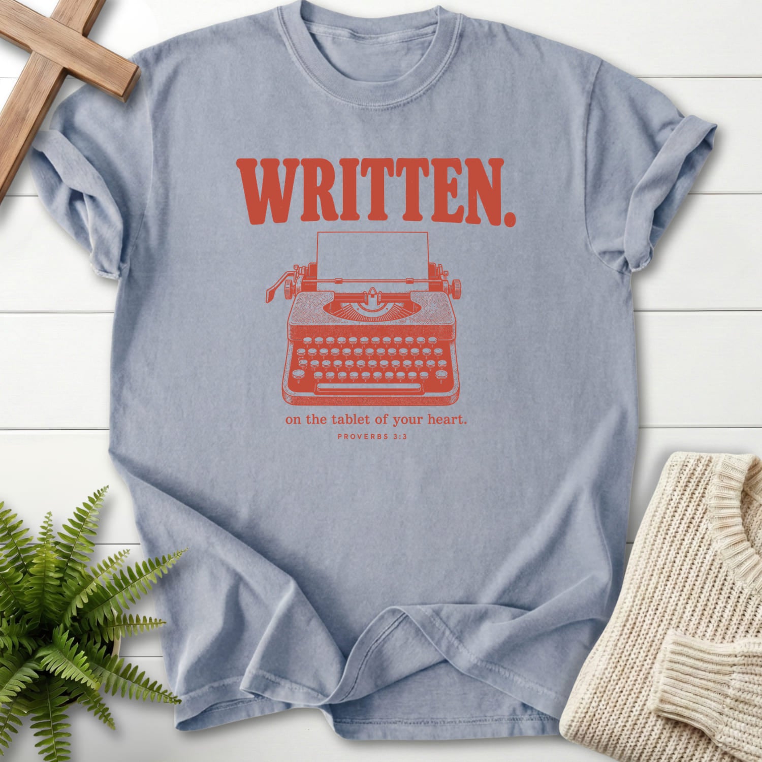 Granite color option for the Written on the Tablet of Your HeartT-Shirt tee with "Written on the Tablet of Your T-Shirt" Proverbs 3:3 from Printify.